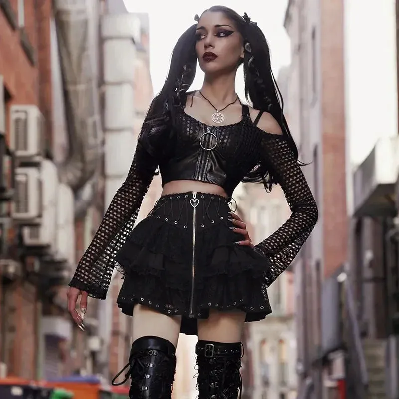 Women's Front Style Harajuku Skater Vintage Japanese Zipper High Black Waist Mini Kawaii Gothic Skirt