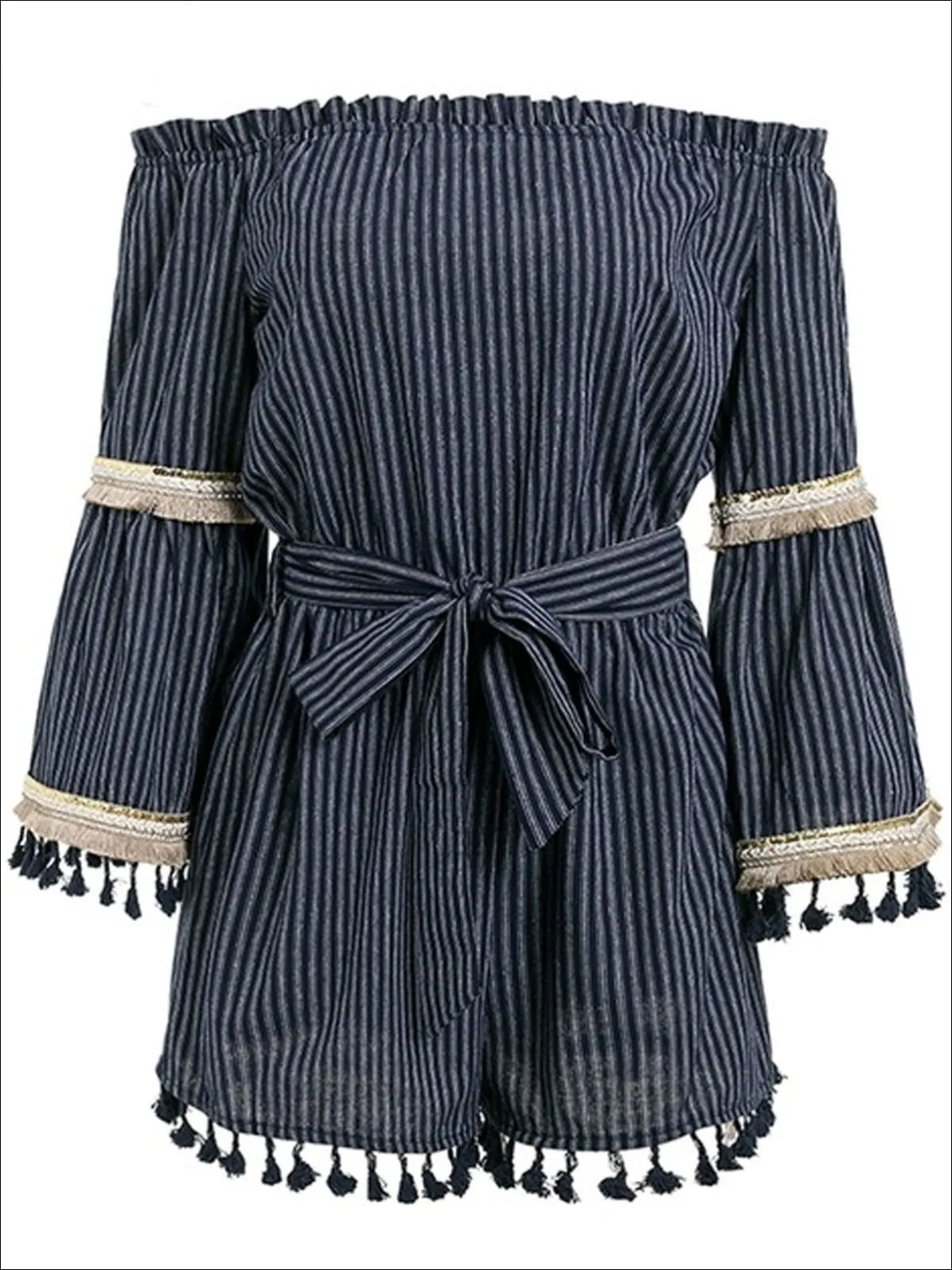 Women's Off The Shoulder Tassel Hem Striped Romper